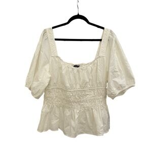 GAP‎ Women XL White Smocked Puff Sleeve Top Peplum Square Neck Coquette Cotton
